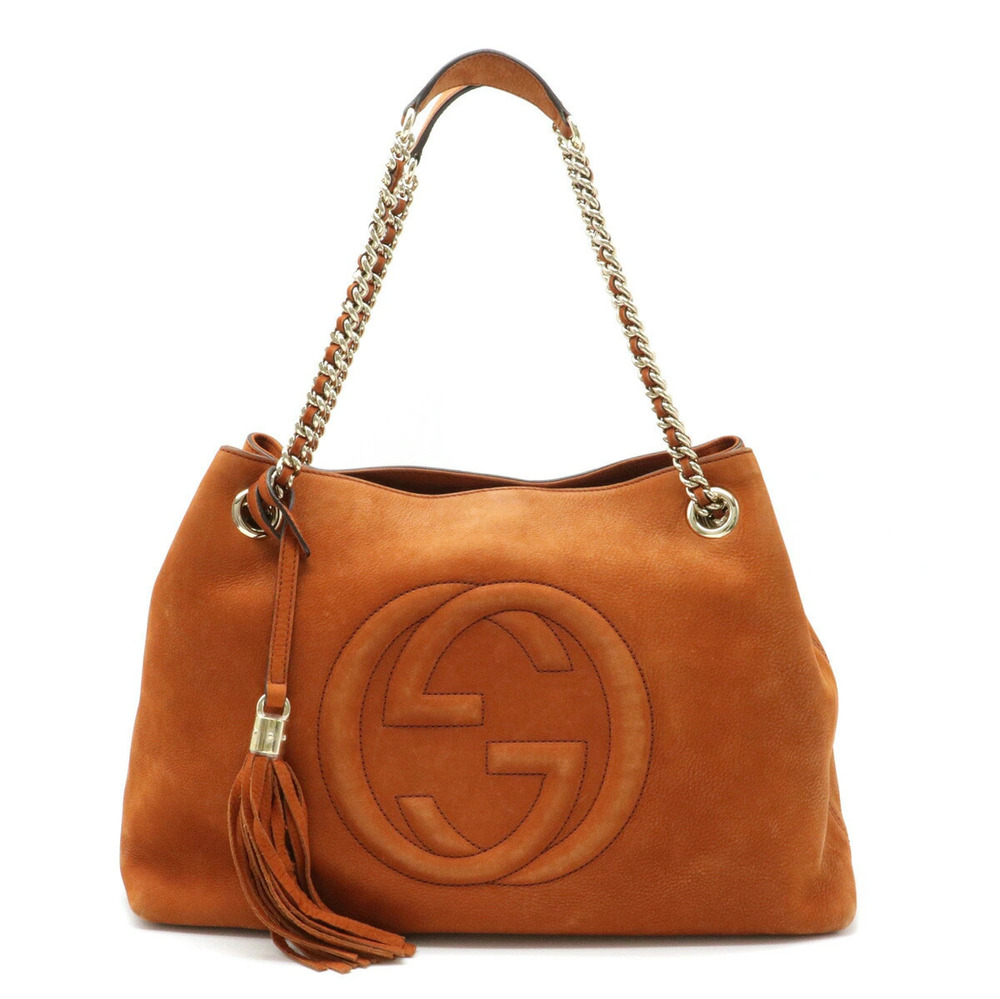 Gucci Soho Interlocking G Chain Bag Shoulder Tote Nubuck Leather Orange Brown